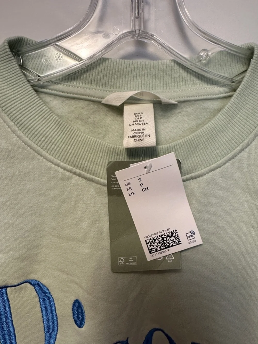 H&M Crewneck Oversized Bisous Graphic Print Long Length Mint Green Sweatshirt - Picture 6 of 8